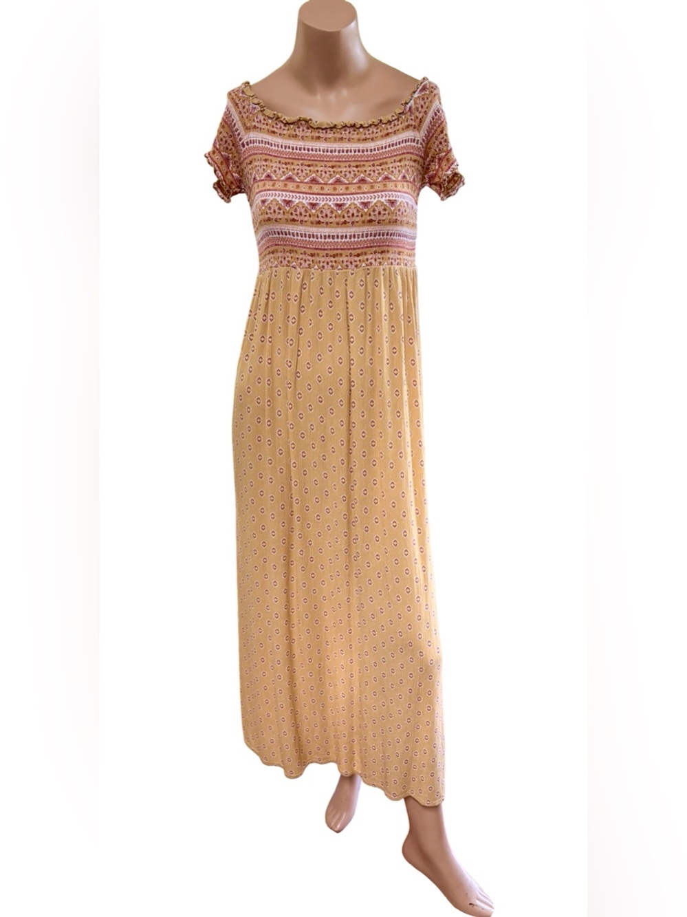 Wild Skye Boho Maxi Dress Mustard Rayon Empire Waist Smocking Cottagecore - L/G
